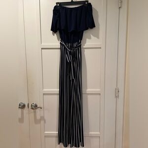 Bebe Navy Strapless, Striped  Jersey Jumpsuit with Belt  4